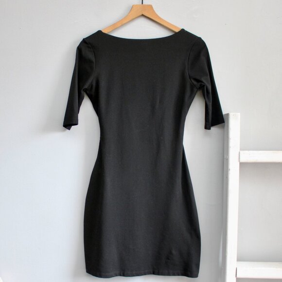 Susan Monaco Black Ruched Faux Wrap Crossover Short Sleeve Mini Dress sz Medium - Picture 3 of 6
